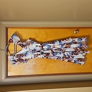 Blue and red floral swiss dot dress with cold shoulder sleeves